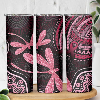 Australia Indigenous Mix Polynesian Skinny Tumbler Pink Ribbon and Dragonflies