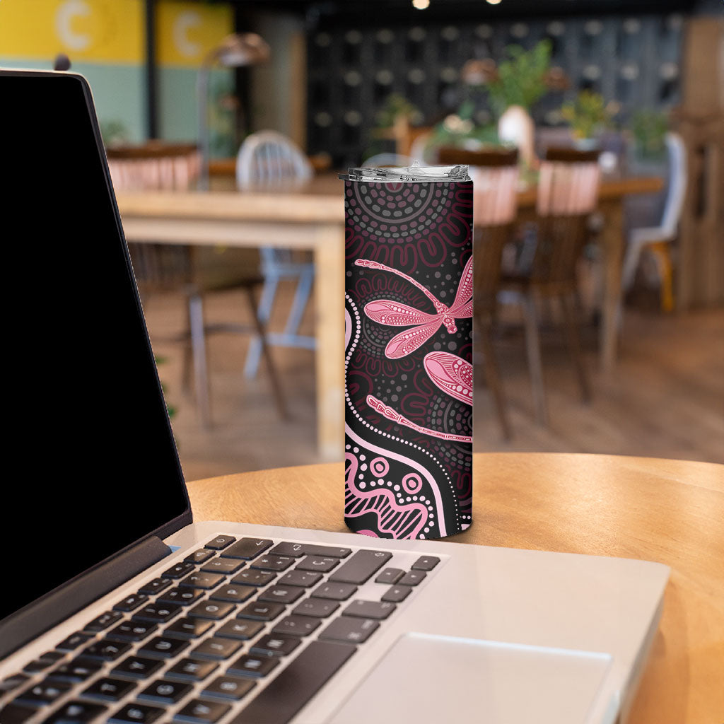 Australia Indigenous Mix Polynesian Skinny Tumbler Pink Ribbon and Dragonflies