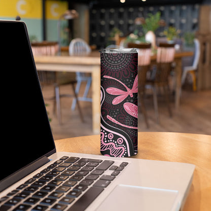 Australia Indigenous Mix Polynesian Skinny Tumbler Pink Ribbon and Dragonflies