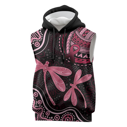 Australia Indigenous Mix Polynesian Sleeveless Hoodie Pink Ribbon and Dragonflies