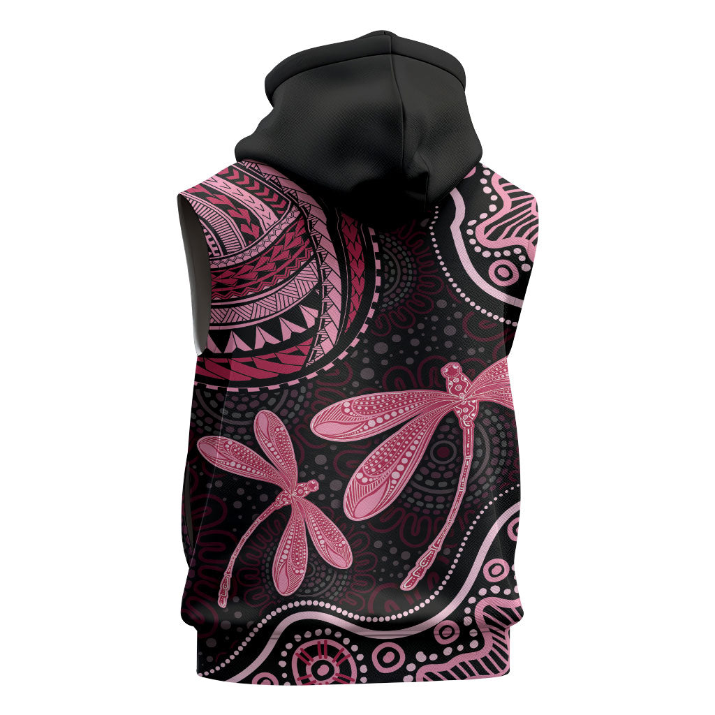 Australia Indigenous Mix Polynesian Sleeveless Hoodie Pink Ribbon and Dragonflies