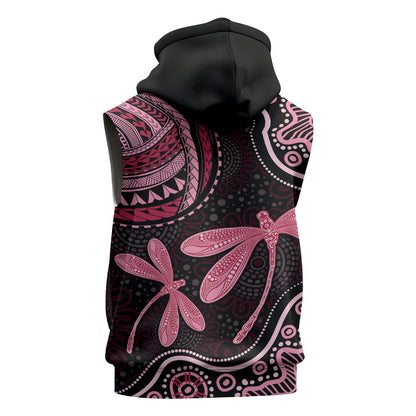 Australia Indigenous Mix Polynesian Sleeveless Hoodie Pink Ribbon and Dragonflies