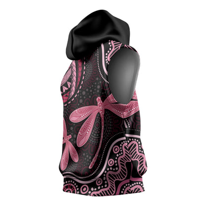 Australia Indigenous Mix Polynesian Sleeveless Hoodie Pink Ribbon and Dragonflies