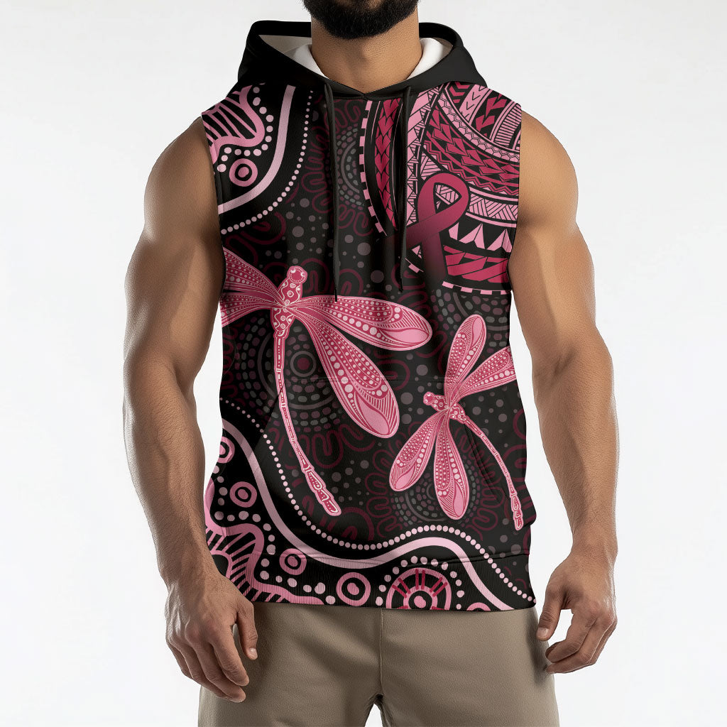 Australia Indigenous Mix Polynesian Sleeveless Hoodie Pink Ribbon and Dragonflies