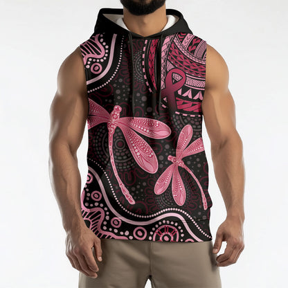 Australia Indigenous Mix Polynesian Sleeveless Hoodie Pink Ribbon and Dragonflies