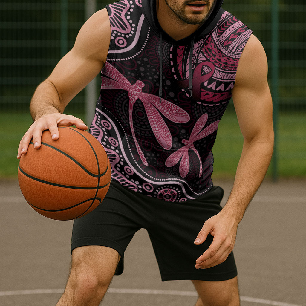 Australia Indigenous Mix Polynesian Sleeveless Hoodie Pink Ribbon and Dragonflies