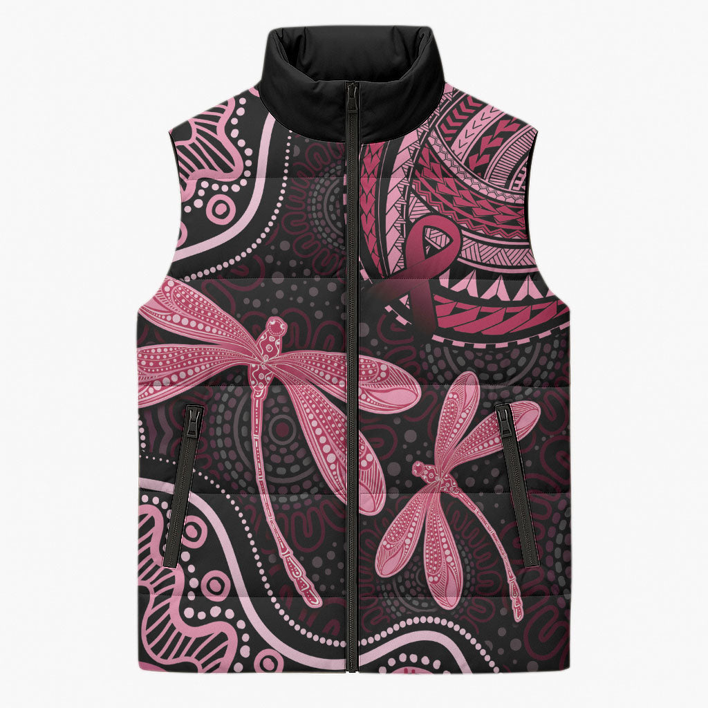 Australia Indigenous Mix Polynesian Sleeveless Puffer Jacket Pink Ribbon and Dragonflies