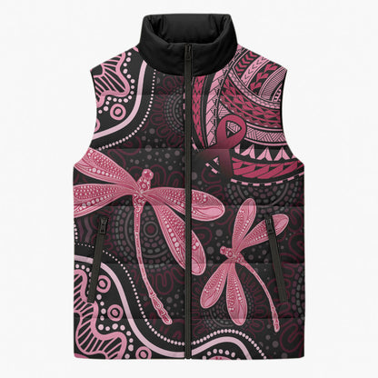 Australia Indigenous Mix Polynesian Sleeveless Puffer Jacket Pink Ribbon and Dragonflies