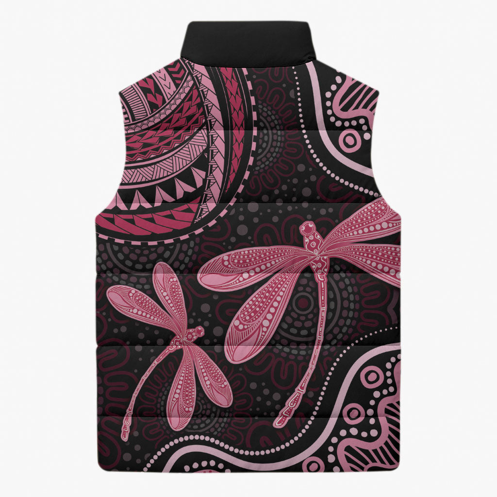 Australia Indigenous Mix Polynesian Sleeveless Puffer Jacket Pink Ribbon and Dragonflies