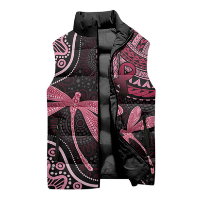 Australia Indigenous Mix Polynesian Sleeveless Puffer Jacket Pink Ribbon and Dragonflies