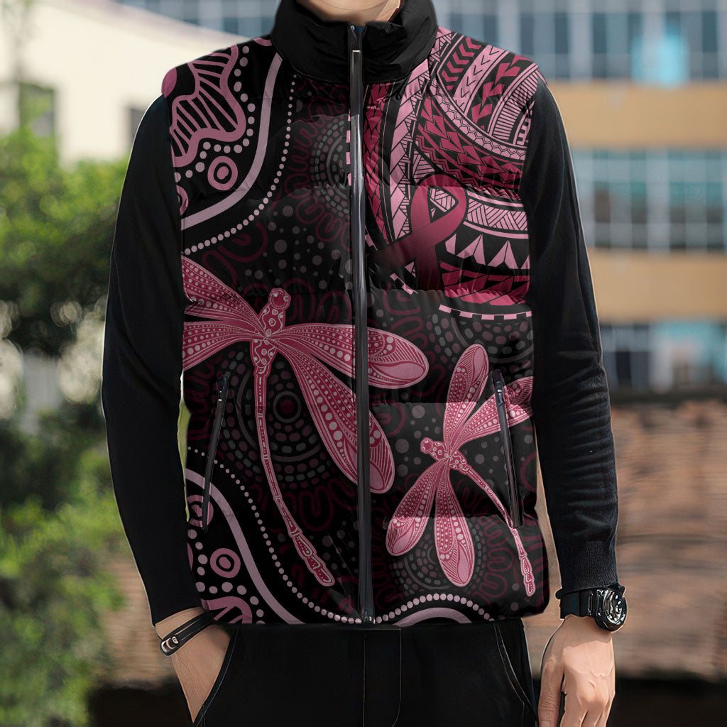 Australia Indigenous Mix Polynesian Sleeveless Puffer Jacket Pink Ribbon and Dragonflies