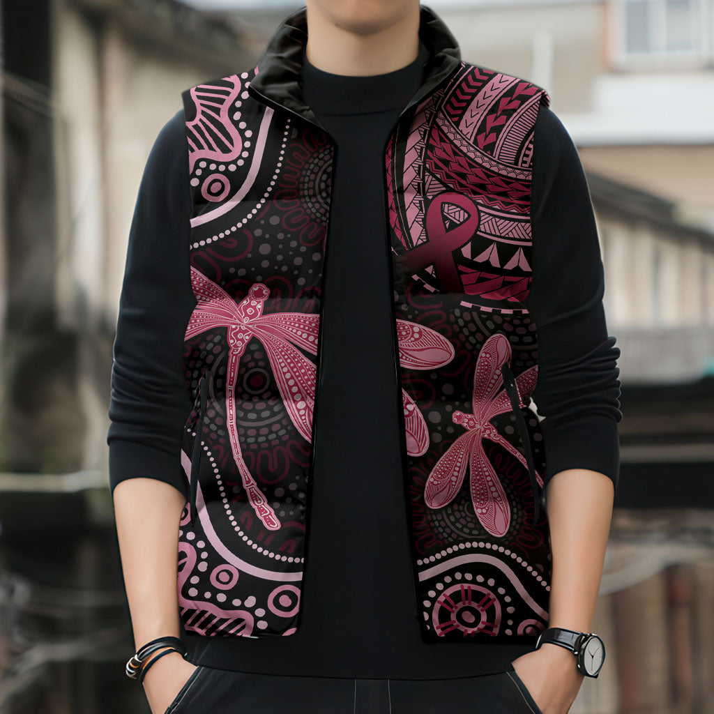 Australia Indigenous Mix Polynesian Sleeveless Puffer Jacket Pink Ribbon and Dragonflies