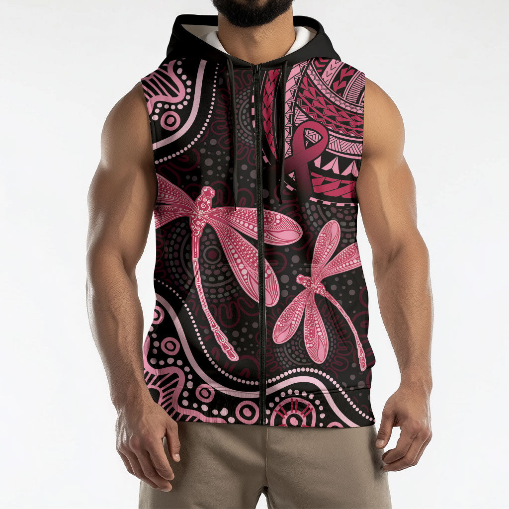 Australia Indigenous Mix Polynesian Sleeveless Zip Hoodie Pink Ribbon and Dragonflies
