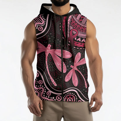 Australia Indigenous Mix Polynesian Sleeveless Zip Hoodie Pink Ribbon and Dragonflies