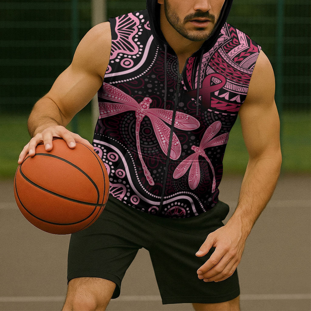 Australia Indigenous Mix Polynesian Sleeveless Zip Hoodie Pink Ribbon and Dragonflies