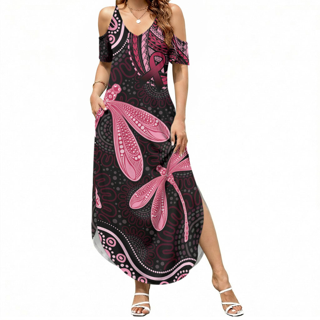 Australia Indigenous Mix Polynesian Summer Maxi Dress Pink Ribbon and Dragonflies