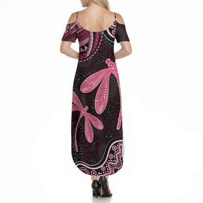 Australia Indigenous Mix Polynesian Summer Maxi Dress Pink Ribbon and Dragonflies