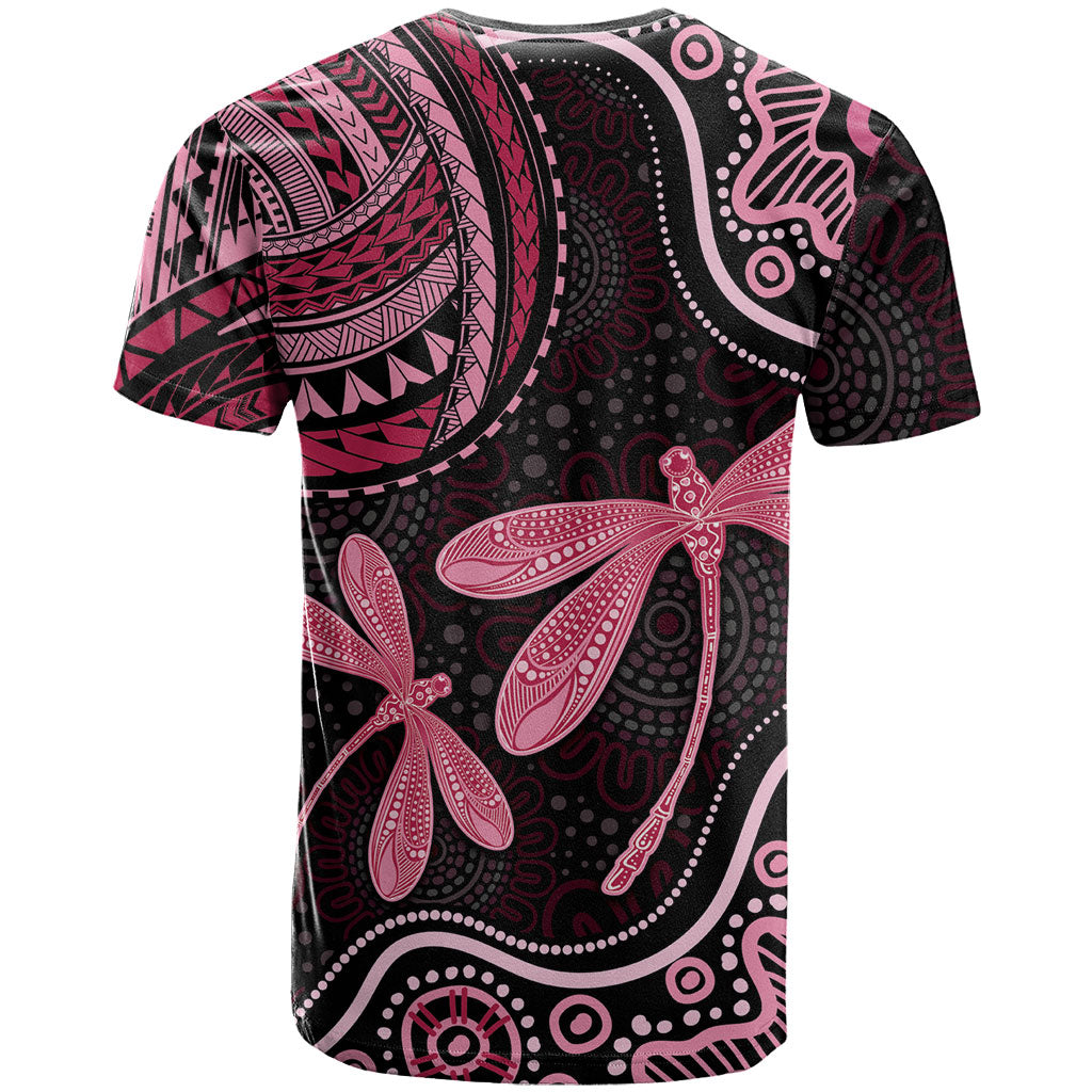 Australia Indigenous Mix Polynesian T Shirt Pink Ribbon and Dragonflies