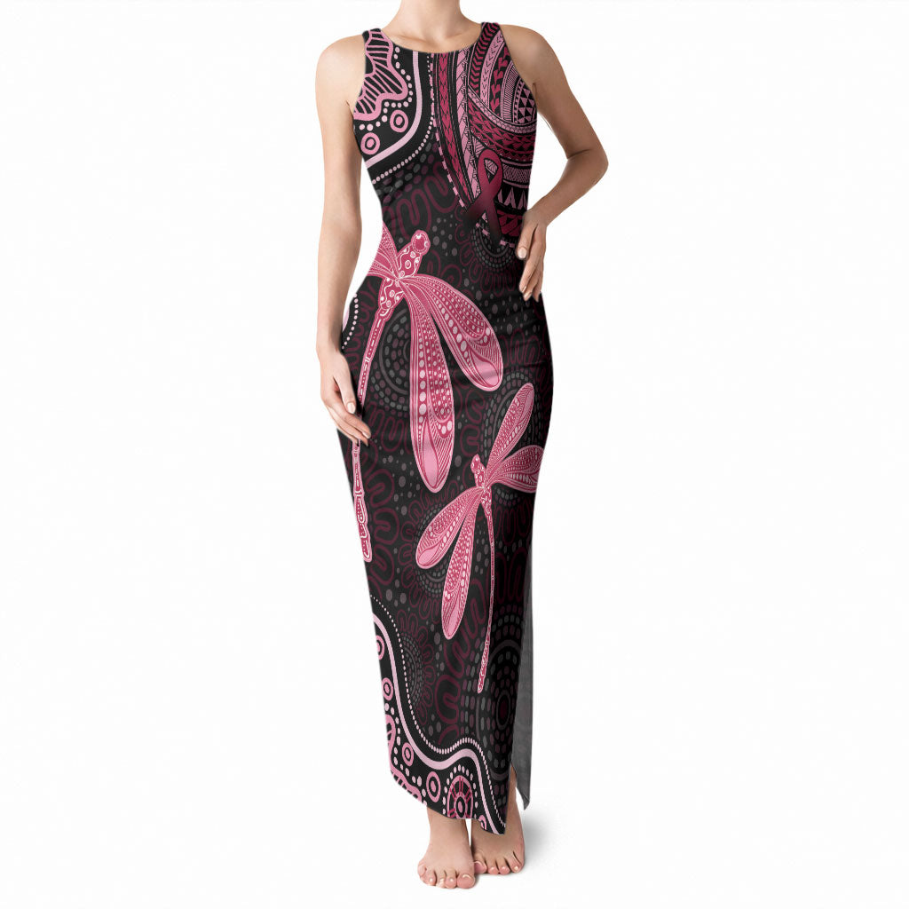 Australia Indigenous Mix Polynesian Tank Maxi Dress Pink Ribbon and Dragonflies