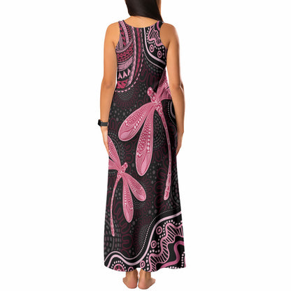 Australia Indigenous Mix Polynesian Tank Maxi Dress Pink Ribbon and Dragonflies