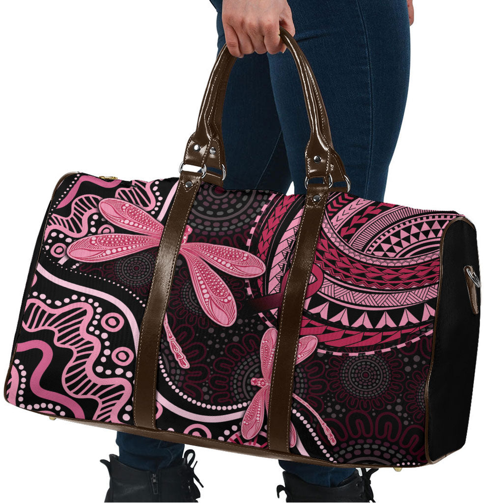 Australia Indigenous Mix Polynesian Travel Bag Pink Ribbon and Dragonflies