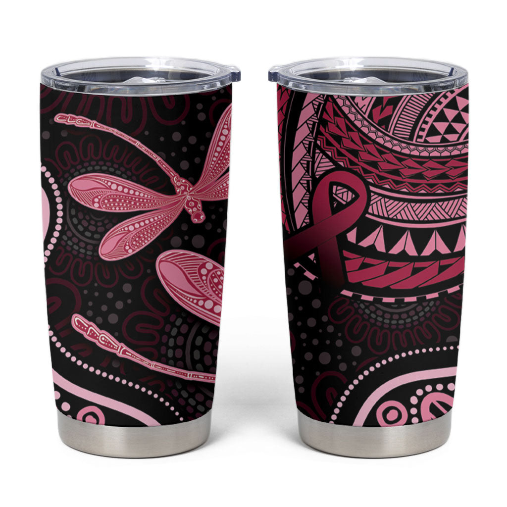 Australia Indigenous Mix Polynesian Tumbler Cup Pink Ribbon and Dragonflies