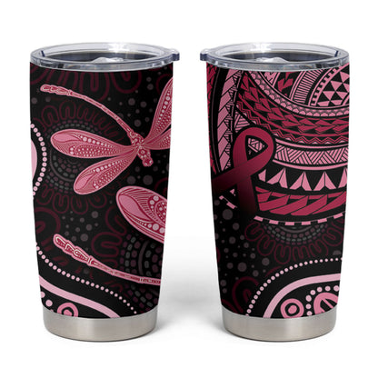Australia Indigenous Mix Polynesian Tumbler Cup Pink Ribbon and Dragonflies