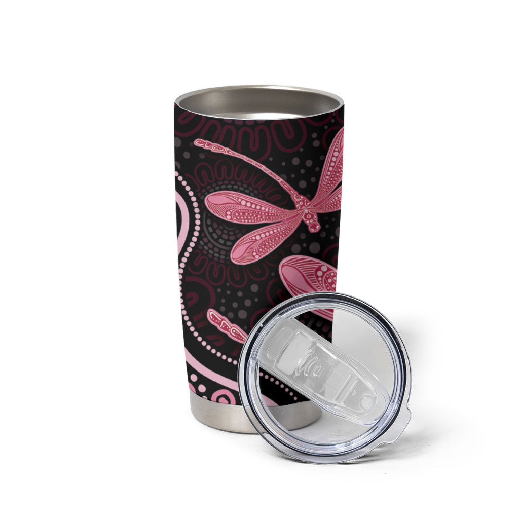 Australia Indigenous Mix Polynesian Tumbler Cup Pink Ribbon and Dragonflies
