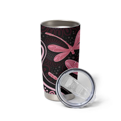 Australia Indigenous Mix Polynesian Tumbler Cup Pink Ribbon and Dragonflies