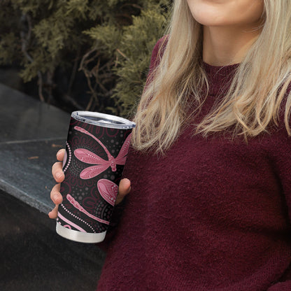 Australia Indigenous Mix Polynesian Tumbler Cup Pink Ribbon and Dragonflies