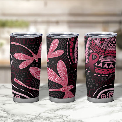 Australia Indigenous Mix Polynesian Tumbler Cup Pink Ribbon and Dragonflies