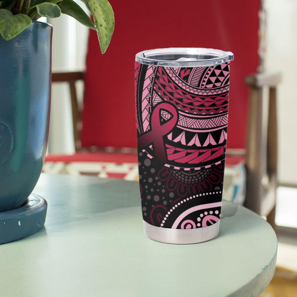 Australia Indigenous Mix Polynesian Tumbler Cup Pink Ribbon and Dragonflies