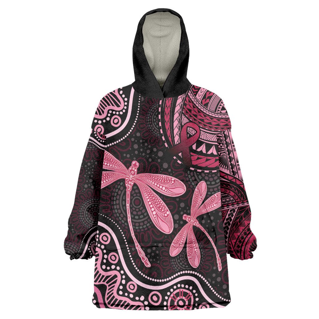 Australia Indigenous Mix Polynesian Wearable Blanket Hoodie Pink Ribbon and Dragonflies
