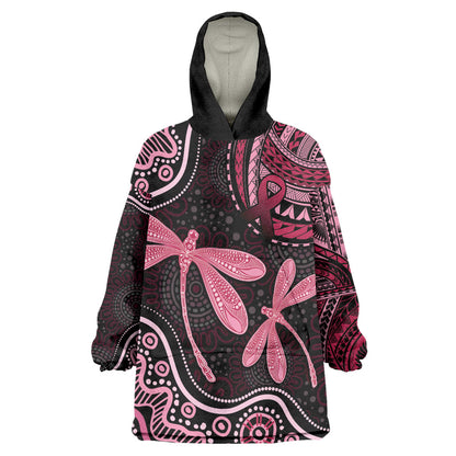 Australia Indigenous Mix Polynesian Wearable Blanket Hoodie Pink Ribbon and Dragonflies