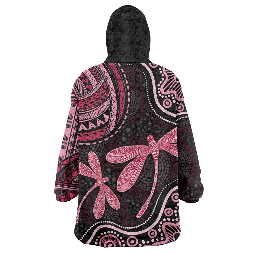 Australia Indigenous Mix Polynesian Wearable Blanket Hoodie Pink Ribbon and Dragonflies