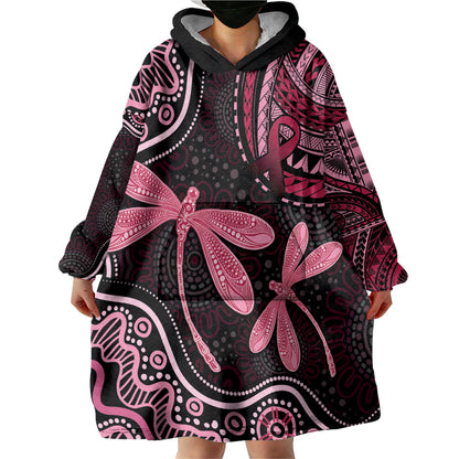 Australia Indigenous Mix Polynesian Wearable Blanket Hoodie Pink Ribbon and Dragonflies