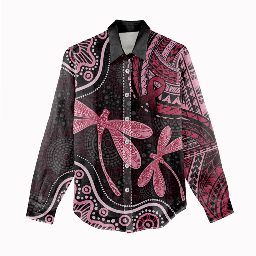 Australia Indigenous Mix Polynesian Women Casual Shirt Pink Ribbon and Dragonflies
