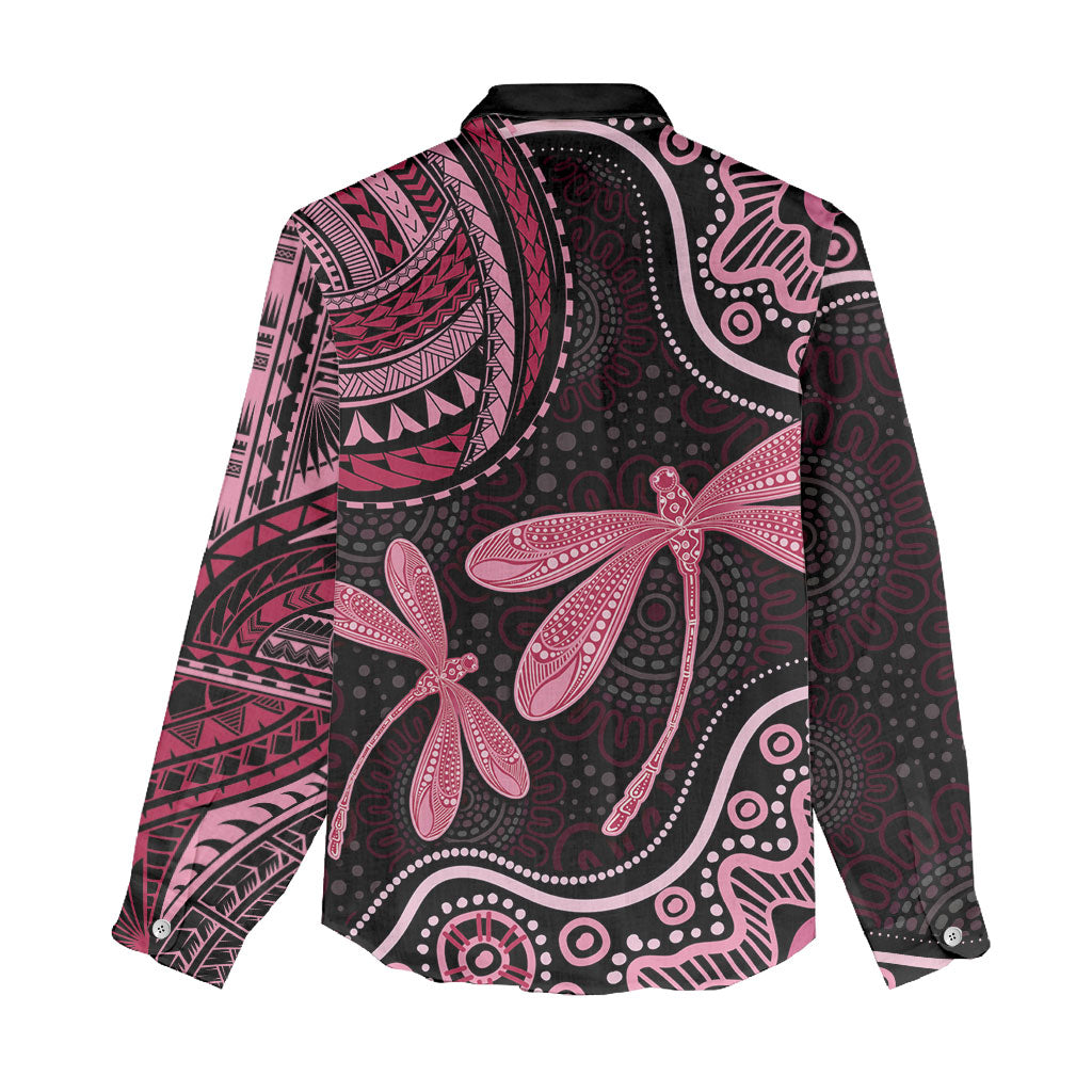 Australia Indigenous Mix Polynesian Women Casual Shirt Pink Ribbon and Dragonflies