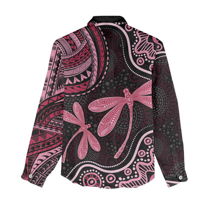 Australia Indigenous Mix Polynesian Women Casual Shirt Pink Ribbon and Dragonflies