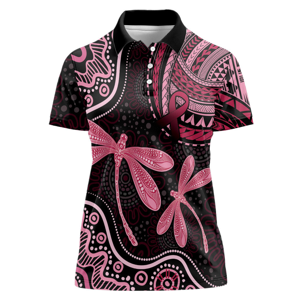 Australia Indigenous Mix Polynesian Women Polo Shirt Pink Ribbon and Dragonflies