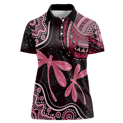 Australia Indigenous Mix Polynesian Women Polo Shirt Pink Ribbon and Dragonflies