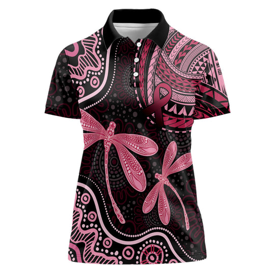 Australia Indigenous Mix Polynesian Women Polo Shirt Pink Ribbon and Dragonflies