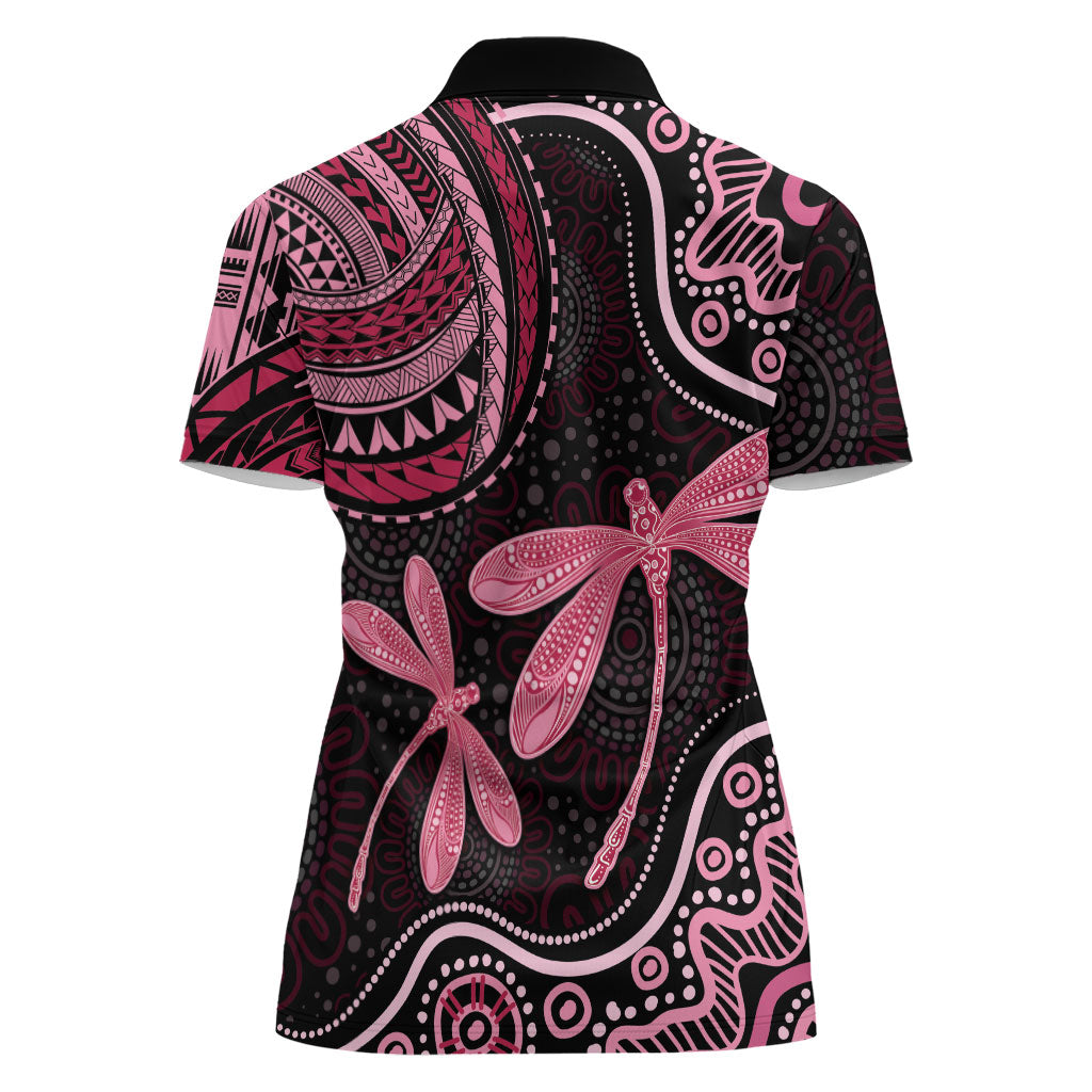 Australia Indigenous Mix Polynesian Women Polo Shirt Pink Ribbon and Dragonflies
