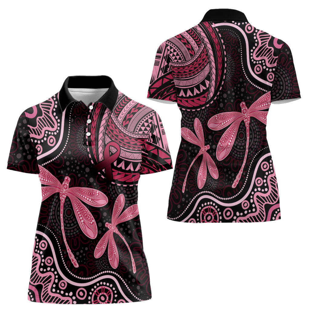 Australia Indigenous Mix Polynesian Women Polo Shirt Pink Ribbon and Dragonflies