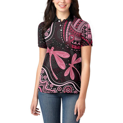 Australia Indigenous Mix Polynesian Women Polo Shirt Pink Ribbon and Dragonflies