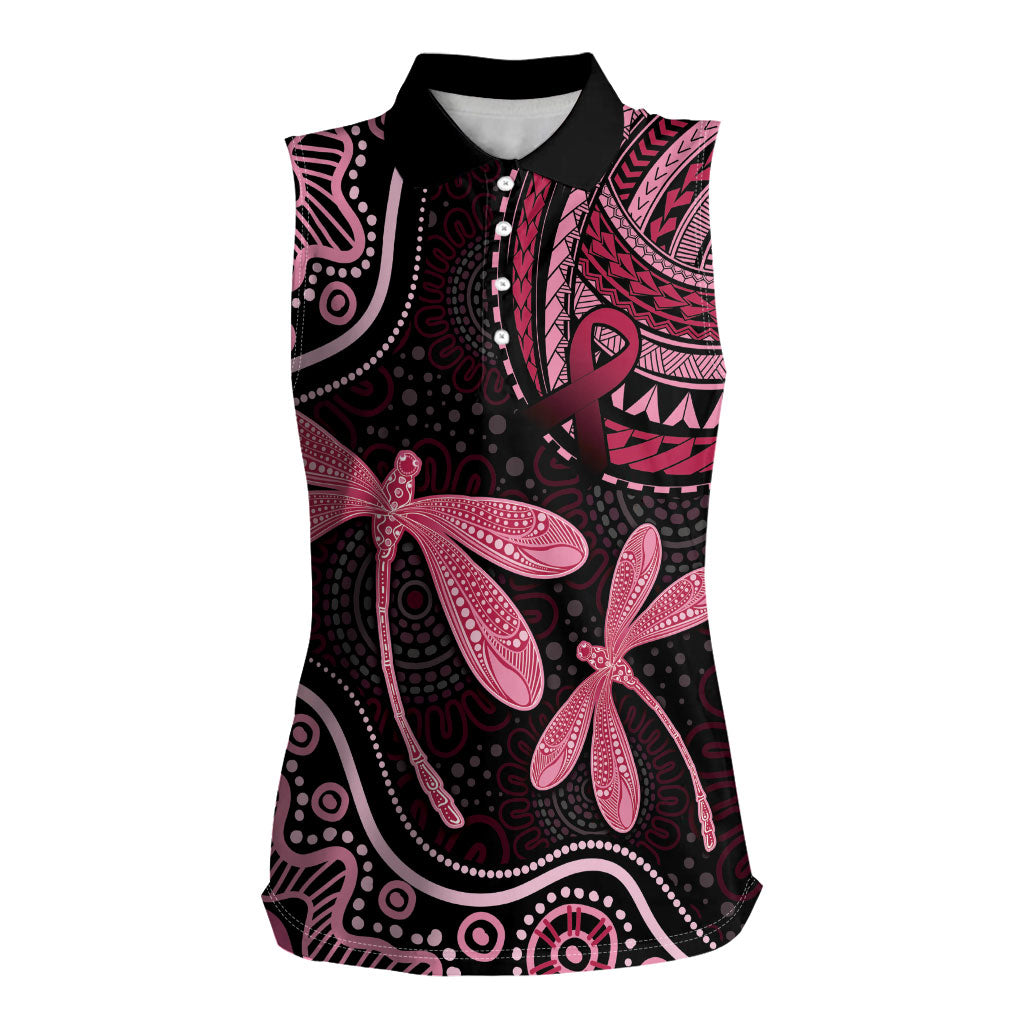 Australia Indigenous Mix Polynesian Women Sleeveless Polo Shirt Pink Ribbon and Dragonflies