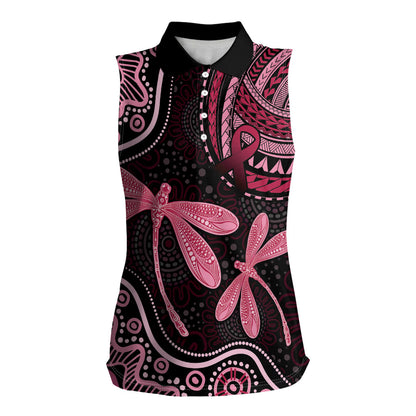 Australia Indigenous Mix Polynesian Women Sleeveless Polo Shirt Pink Ribbon and Dragonflies