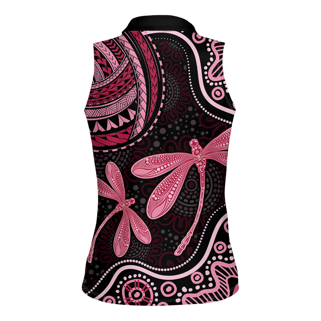 Australia Indigenous Mix Polynesian Women Sleeveless Polo Shirt Pink Ribbon and Dragonflies