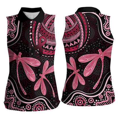 Australia Indigenous Mix Polynesian Women Sleeveless Polo Shirt Pink Ribbon and Dragonflies