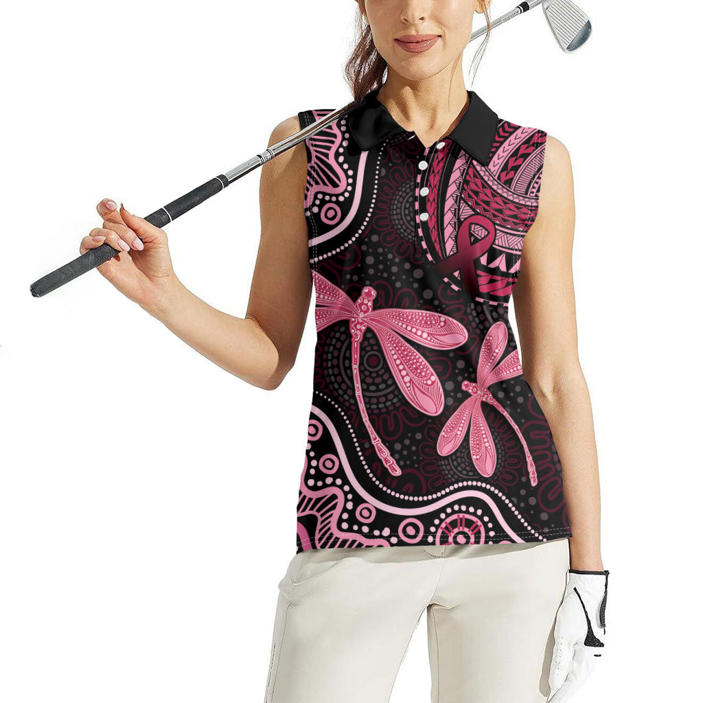 Australia Indigenous Mix Polynesian Women Sleeveless Polo Shirt Pink Ribbon and Dragonflies